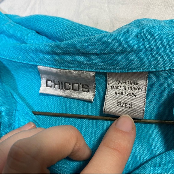 Chicos 3 Linen Vintage Button Up Long Shirt Blouse Longsleeve Turquoise Bright - Picture 7 of 8